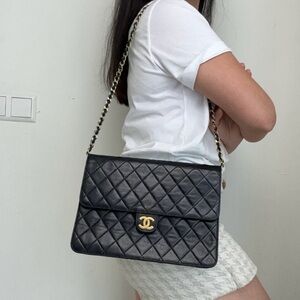 Authentic CHANEL single flap black lambskin 24k gold hardware classic bag